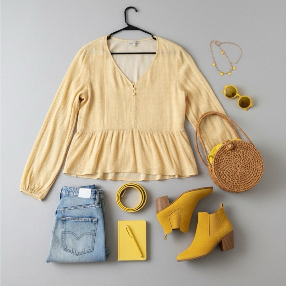 SO Yellow Design Blouse Buttons Girly‎ Top Brunch Outfit